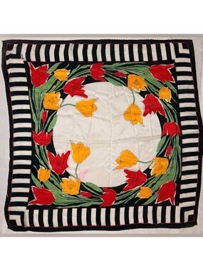 Vera Neumann Vintage Tulip Floral Black White Striped Silk Scarf 27”